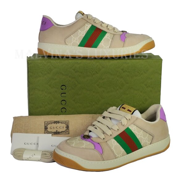 GUCCI SNEAKERS SCREENER LEATHER SHOES GG LOGO WEB STRIPE  sz 40.5 10.5 US - Picture 2 of 16